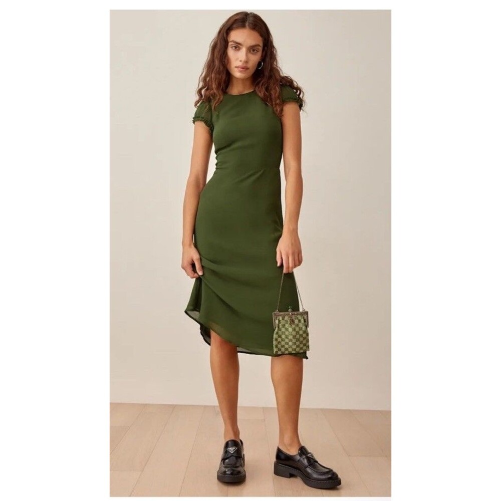 Reformation Ismena Dress Womens Size 2 Olive Green Midi Frayed Sleeve Viscose